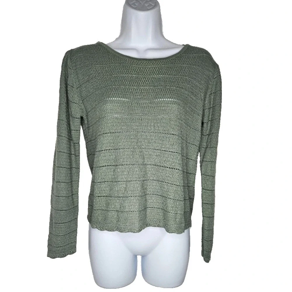 Fortune + Ivy Womens S Sage Green Open Knit Sweater Coastal Boho Minimalist